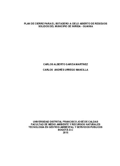 Plan De Cierre Para El Botadero A Cielo Abierto De Residuos Solidos Del