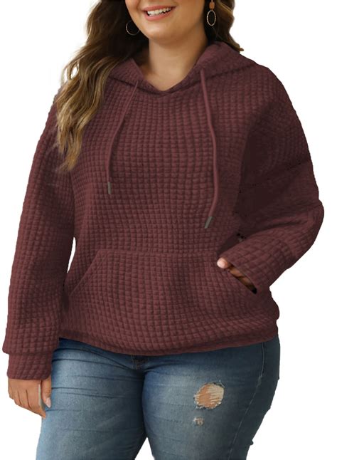 Eytino Womens Plus Size Hoodies Tops Casual Long Sleeve Drawstring Waffle Pullover Sweatshirt