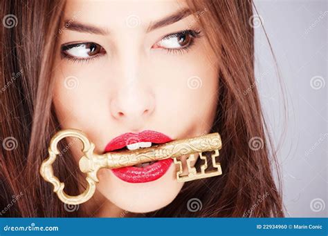 Woman Holding Big Old Key Stock Photo Image 22934960