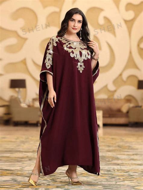 Shein Najma Plus Size Color Block Embroidery Patch Batwing Sleeve Dress