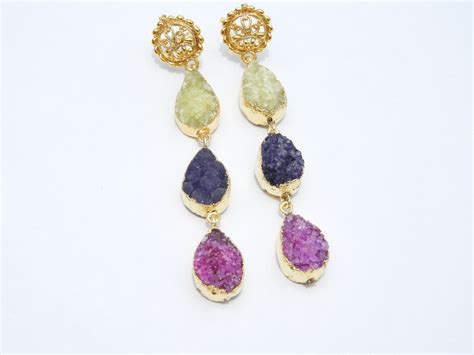 Druzy Earrings Natural Druzy Earrings 22 Kt Gold Electroplated Etsy