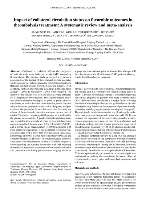 PDF Impact Of Collateral Circulation Status On Favorable Outcomes In