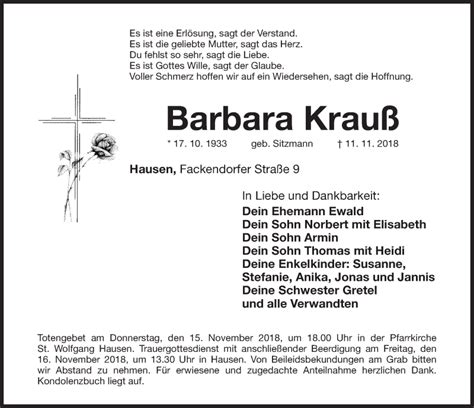 Traueranzeigen Von Barbara Krau Trauer Nn De