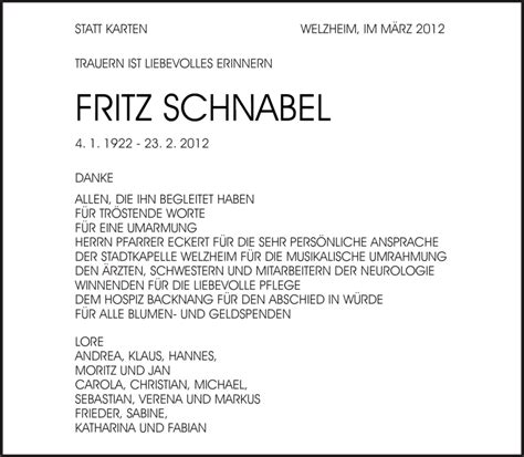 Traueranzeigen Von Fritz Schnabel ZVW Trauer