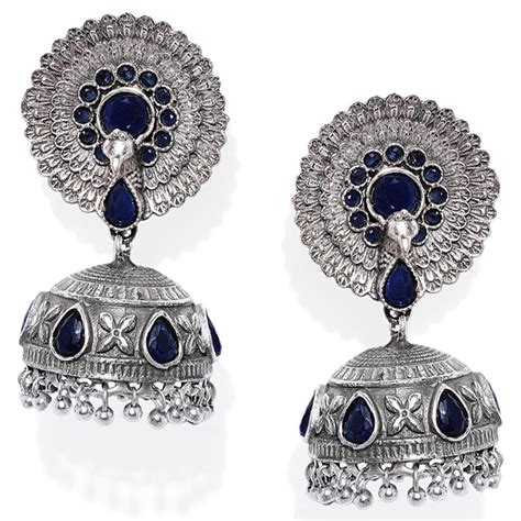 Peora Indian Traditional Silver Plated Blue Stone Jhumka Jhumki