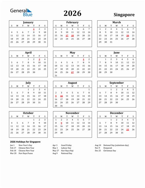 Free Printable 2026 Singapore Holiday Calendar