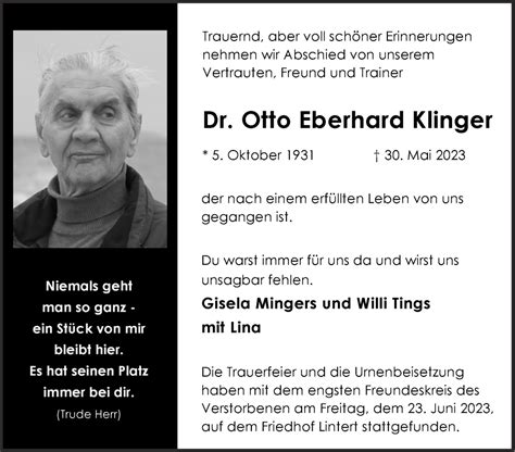 Traueranzeigen Von Otto Eberhard Klinger Aachen Gedenkt