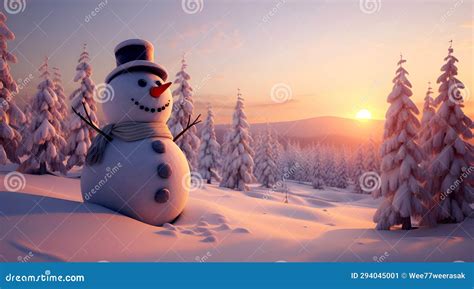 Happy Snowman with Golden Sunrise or Sunset in Winter Forest Beautiful ...