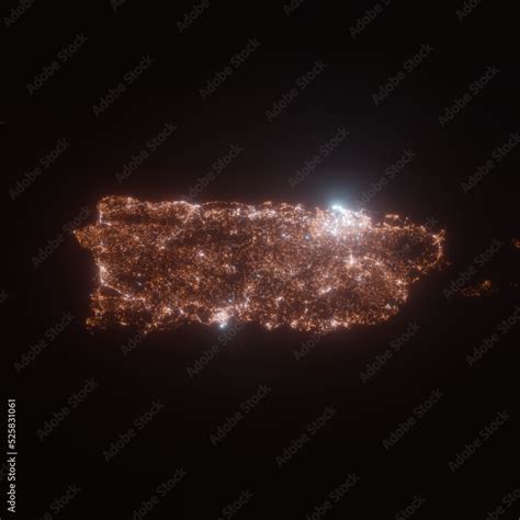 Puerto Rico street lights map. Satellite view on island at night. Imitation of aerial view on ...