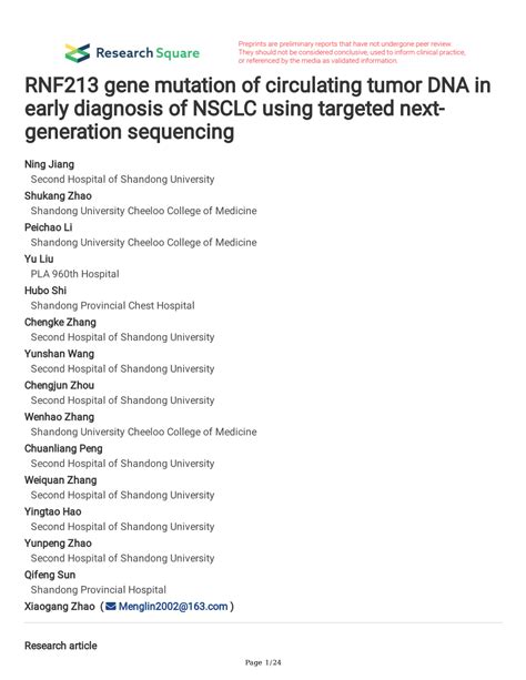 Rnf213 Gene Mutation Of Circulating Tumor Dna In Early Diagnosis Of