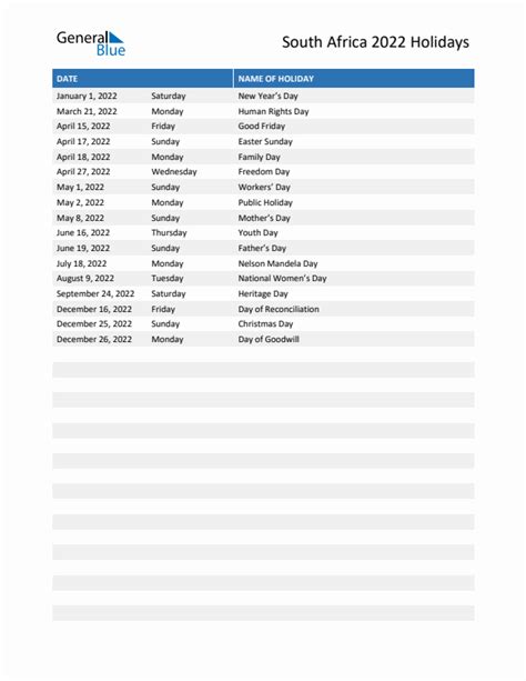 2022 South Africa List Of Holidays In PDF Word And Excel