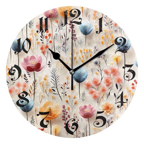 Wall Clock 10 Inch Silent Non Ticking 8 Colorful Flowers Floral Battery Operated Rustic Retro