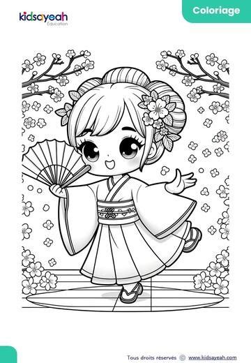 Coloriage fille japonaise en kimono Télécharger le PDF