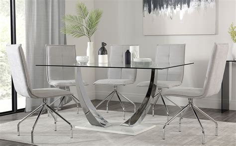 Peake Glass And Chrome Dining Table White Gloss Base With 4 Soho Dove Grey Dining Chairs