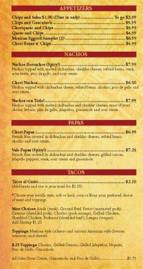 Valentina's Mexican Grill Galesburg menu in Galesburg, Michigan, USA