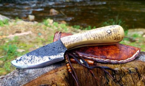 Skinning Knife With Beaver Chewed Ashe Handle And Deer Hide Sheath By