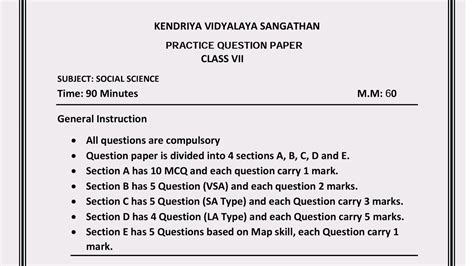 Class 7 Social Science SSt Annual Exam Question Paper For KENDRIYA