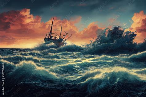 Old Sailing Ship Lost In The Ocean In A Stormy Night Adventure And