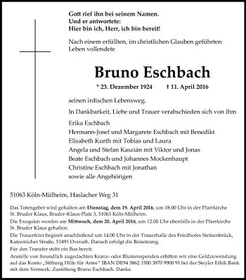 Traueranzeigen Von Bruno Eschbach WirTrauern