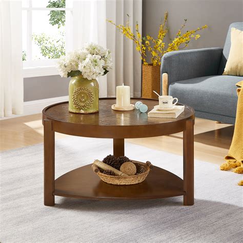 Gexpusm 32 Coffee Table Round Wood 2 Tier With Storage Shelves