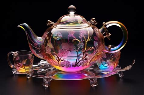 Premium AI Image | Brightly colored glass tea set with a teapot and two ...