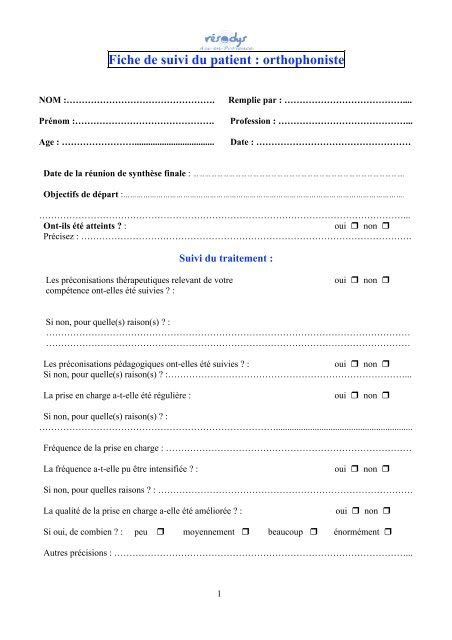 Fiche De Suivi Du Patient Orthophoniste Resodys