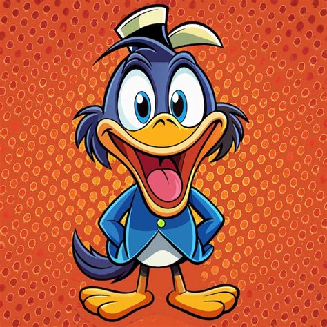 Una Caricatura De Un Pato Con Un Traje Azul Con Una Camisa Que Dice