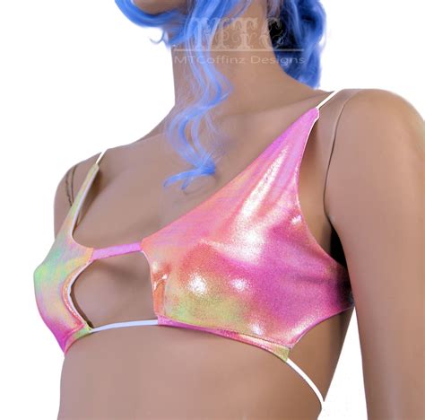 Rave Top Bikini Uv Reactive Metallic Pink Yellow Orange Etsy