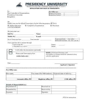 Fillable Online Transcript Request Form Pdf Presidency University Fax