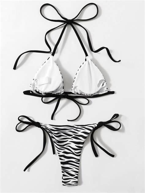 SHEIN Swim Vcay Zebra Striped Bikini Set Halter Triangle Bra Tie Side