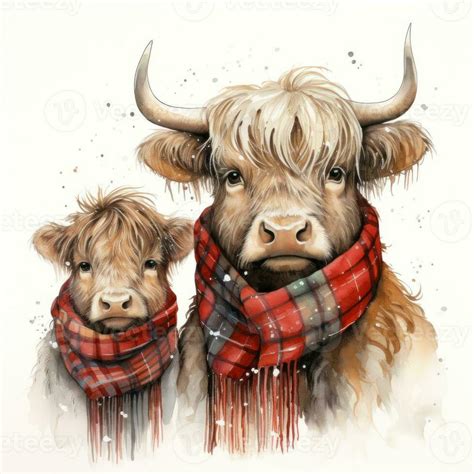 Mother And Baby Highland Cow With Tartan Scarf Watercolor Clipart Ai