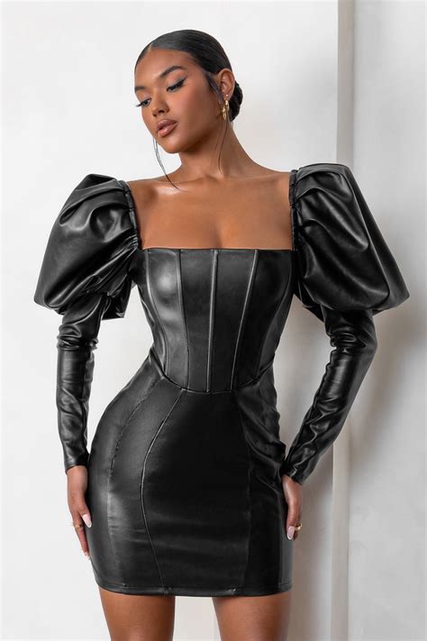 Karyme Black Faux Leather Puff Sleeve Mini Dress With Corset Detail Club L London Uk