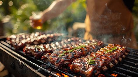 Marinated Spicy Pork Ribs Grilling On A Bbq Fire Amongst The Hot Flames