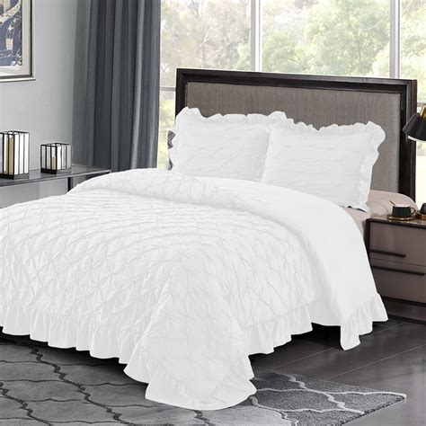 Bedream White Ruffle Comforter Set 3 Piece Queen Size Pintuck Bedding Set