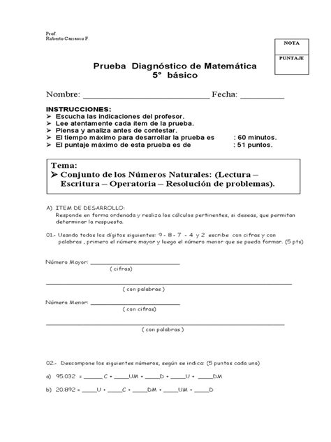 Prueba Diagnostico Matematica 5to Pdf Matemáticas