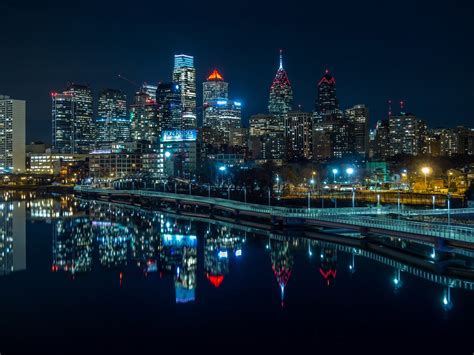 Wallpaper Philadelphia Night Lights Skyscrapers River Usa