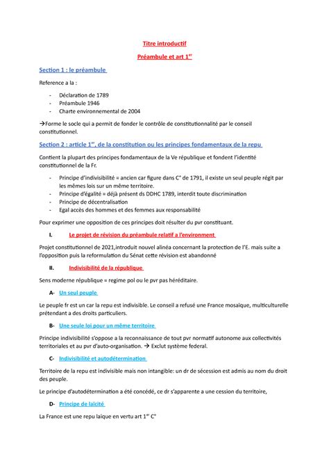 Droit constitutionnel fiche Titre introductif Préambule et art 1er