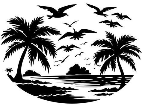 Tropical Beach Scene Black Silhouette Design Premium Ai Generated Image