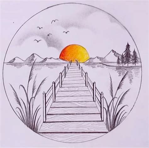 a drawing of a dock leading to the sunset