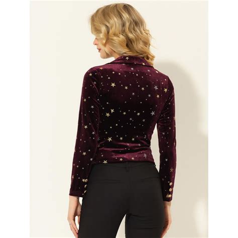 Allegra K Womens Halloween Metallic Stars Printed Velvet 1 Button Business Office Crop Jacket