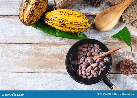 Raw Cacao Beans And Cocoa Pods On Wooden Boards Stock Photo Image Of