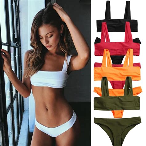 Women Split Bikini Wide Straps Padded Bandeau Female Bather Suit Neck