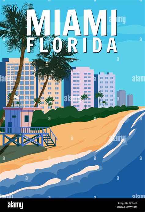 Miami Beach City Skyline Retro Poster Coast Surf Ocean Vector