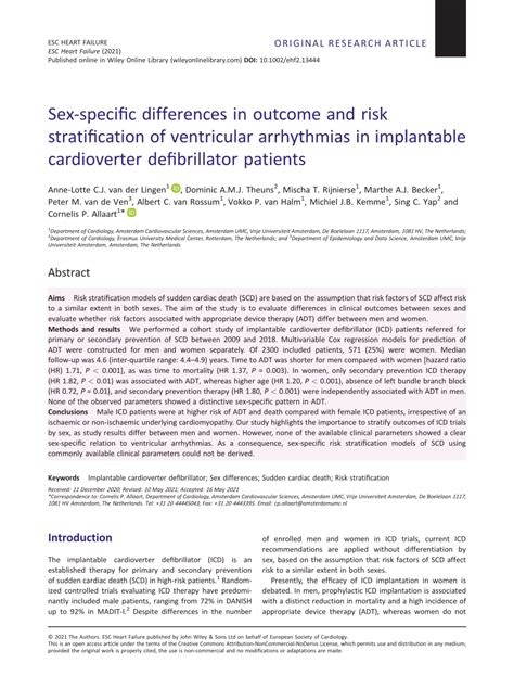 Pdf Sex‐specific Differences In Outcome And Risk Stratification Of