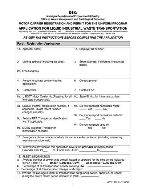 Application For Liquid Industrial Waste Transportation Michigan Fill