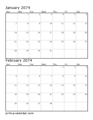 2074 Two Months per page vertical stacked printable calendar