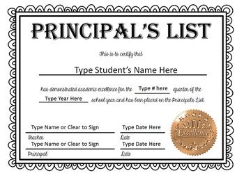 Principal List Award Printable