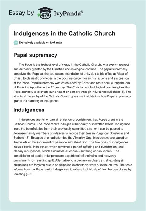 Indulgences in the Catholic Church - 687 Words | Essay Example