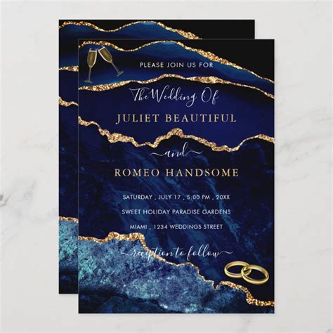 Agate Navy Blue Gold Geode Wedding Invitation Zazzle