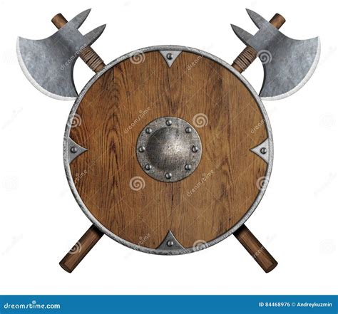 Old Wooden Vikings Shield And Two Crossed Axes Isolated Stock Photo